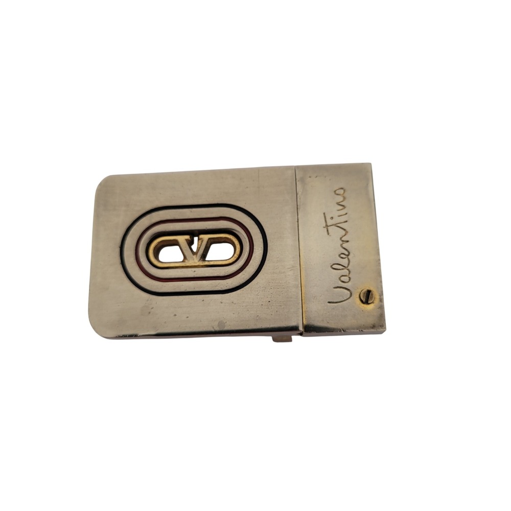 Vintage Valentino Belt Buckle Silver Gold Tone Logo Enamel Signature Rectangle